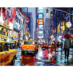 a painting of people walking in the rain on a city street with yellow cabs