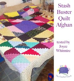 a table with a quilt on it and the words, stash buster quilt afghan