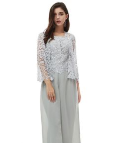 Elegant Grey Lace Formal Wedding Guest Outfit Trousers With Lace Jacket #EZ14XP - GemGrace.com Lace Mother Of The Bride Dress For Ceremony, Spring Wedding Guest Suit With Long Sleeves, Spring Wedding Suits With Long Sleeves, Spring Wedding Long Sleeve Suits, Elegant Long Sleeve Dress For Mother Of The Bride, Spring Banquet Long Sleeve Mother Of The Bride Dress, Elegant Spring Ceremony Suits, Spring Wedding Lace Sets, Elegant Long Sleeve Sets For Banquet