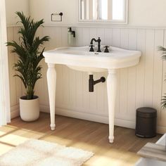 a white sink sitting next to a potted plant