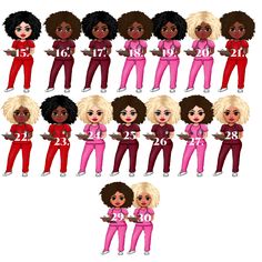 an animated female character with many different poses and hair styles, all wearing pink pants