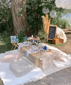 a picnic table set up with food and drinks on it in front of a tree