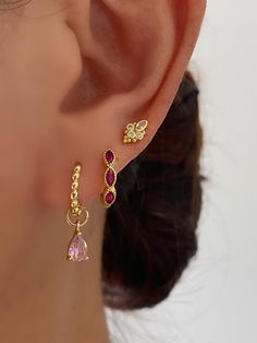 This gorgeous set comes with • 1 pair of Pink CZ dangle earrings with 15mm (or 12mm princess hoops)- Material: 18K gold plated on 925 sterling silver, AAAAA Cubic Zirconia • 1 pair of Pink Marquise hoops - Material: 18K gold plated on Brass, Cubic Zirconia • 1 pair of Gold stud earrings - Material: 8K gold plated on 925 sterling silver, AAAAA Cubic Zirconia • 1 Anett Gift Box HypoallergenicNickel free and Lead free Gold And Pink Earrings, Cute Earring Stacks, Earring Curation, Pink And Gold Earrings, Piercing Aesthetic, Real Gold Earrings, Earring Stacks, Pink Gold Jewelry