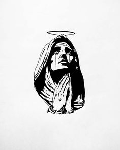 a black and white drawing of a person with a halo on their head, praying