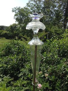 a tall glass vase sitting on top of a wooden pole in the middle of a lush green field