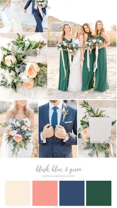 the color scheme for this wedding is green, peach and blue with greenery on it