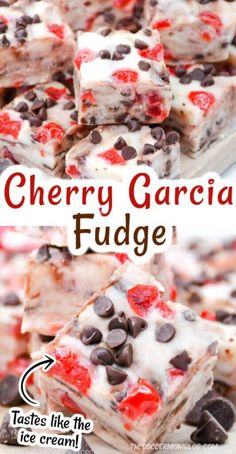 cherry garcia fudge dessert with chocolate chips and cherries on top is shown