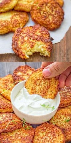 crab cakes with sour cream being dipped into the batter and then topped with fresh herbs