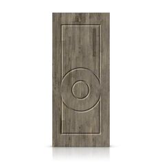 a wooden door with an oval design on the front and side panel, in grey wood