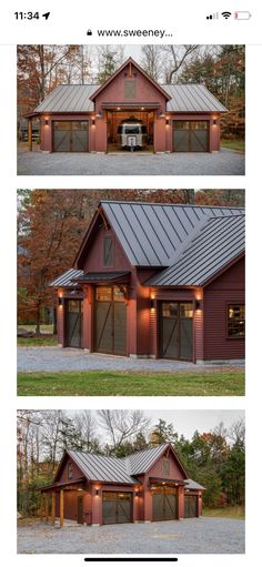 three different views of a barn with two garages and one living room in it