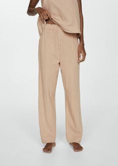 Cotton gauze pyjama trousers Relaxed Cotton Sleep Pants, Summer Loungewear Bottoms With Buttons, Cotton Bottoms With Button Closure For Daywear, Cotton Wide Leg Ankle-length Pants For Lounging, Button-detail Loungewear Pants, Casual Pants With Buttons For Loungewear, Casual Buttoned Pants For Loungewear, Relaxed Cotton Sleep Bottoms, Beige Cotton Lounging Pants