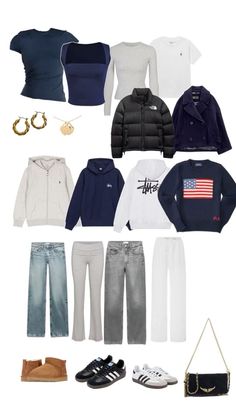 an assortment of clothes and shoes with the american flag on them, including sweaters, jeans