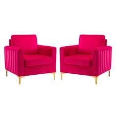 two pink chairs sitting next to each other on top of a white background with gold legs