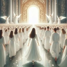 a group of women dressed in white are walking towards an open doorway with angel wings