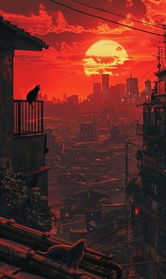 a cat sitting on top of a roof in front of a red sky at sunset