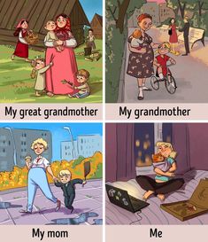 four cartoon scenes showing different stages of life in the same language as children and adults