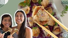 two women holding chopsticks with food on them in front of an abstract background