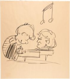 a drawing of two people sitting at a table with music notes on the wall behind them