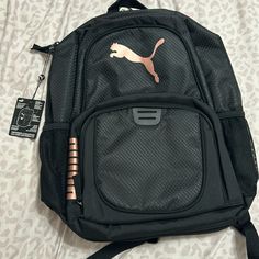 Puma Backpack- Black And Rose Gold, Fits 15” Laptop. New With Tags Puma Backpack, Black And Rose Gold, Rose Gold Color, Black Backpack, Gold Color, Laptop, Backpacks, Rose Gold, Tags