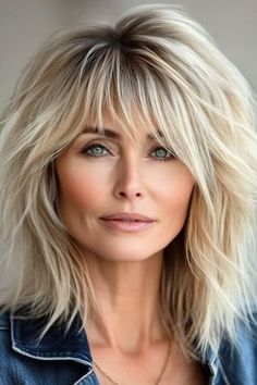 Slanted Bangs Hair, Medium Length Blonde Shag Haircut, Short Bangs Medium Length Hair, Short Choppy Bangs With Long Hair, Modern Bangs Medium Hair, Medium Hair With Short Layers, Rock And Roll Haircut, Blonde Mid Length Hair With Bangs, Emo Layered Hair