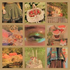 a collage of pictures with different things in them including an eye, cake and flowers