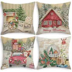 four pillows with christmas scenes on them, including a red car and a house in the background