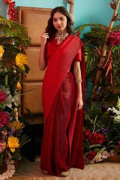 Shop for Tasuvure Red Pleated Pre-draped Saree With Blouse for Women Online at Aza Fashions Gown Saree, Saree Skirt, Saree Pattern, Long Blouse Designs, Pleated Saree, Saree Wearing Styles, Stitched Saree, Sari Design, Pattu Saree Blouse Designs