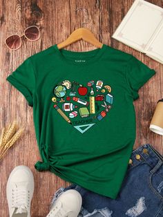 Green Casual Collar Short Sleeve Knitted Fabric Graphic,Letter  Embellished Medium Stretch All Women Clothing Shirts Women Fashion, Women T Shirts, Print Tee, Graphic Tees Women, Printed Tees, Print T Shirts, Minimalist Fashion, All Fashion, Women Clothing