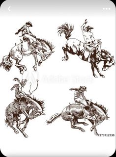 four cowboys riding horses and lasso in different poses, vintage engraved etchings