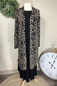 Liza's Black/Tan Animal Print Long Open Cardigan Made in the USA! Does not run small! Has pockets Dress up or go casual 95% Polyester & 5% Spandex Open Cardigan  Small Bust: 36" to 38" Medium Bust: 38" to 40" Large Bust: 40" to 42" Extra Large Bust: 42" to 44" Long Sweater Cardigan, Animal Print Cardigan, Long Sweaters For Women, Long Open Cardigan, Sweater Tunic, Long Pullover, Cardigan Long, Long Sweater, Long Sweaters Cardigan