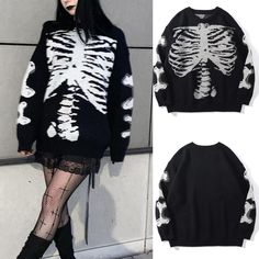 Women Clothing Long Sleeve Woolen Spring Autumn Halloween Skull Print Casual Pullover Sweater - Black,S Jersey Pattern, Casual Pullover Sweater, Egirl Clothes, Skull Sweater, Plaid Pullover, Autumn Halloween, Loose Fabric, Faux Leather Dress, Women's Casual Style