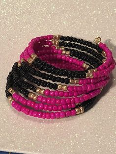 Pink and Black Glass Beaded Wrap Bracelet Pink Spacer Beads Bracelets For Party, Pink Party Bracelets With Spacer Beads, Pink Large Beads Bracelet For Party, Pink Hand-strung Bangle Stretch Bracelet, Pink Jewelry With Adjustable Black Beads, Memory Wire Jewelry, Waist Jewelry, Beaded Memory Wire Bracelets, Bracelet Fil