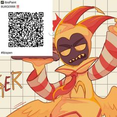 a cartoon character holding up a piece of paper with the qr code on it