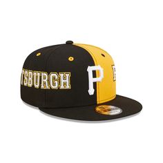 The Pittsburgh Pirates Team Split 9FIFTY Snapback features a team color fabrication with an embroidered Pirates logo at the front panels and a team wordmark across the left and right-wear sides. Additional details include a snapback closure at the rear and a gray undervisor. Collegiate Snapback Hat With Logo Patch For Fans, Team-colored Flat Bill Hat For Game Day, Sporty Team Logo Snapback Hat For Game Day, Sporty Snapback Hat With Team Logo For Game Day, Team-colored Collegiate Snapback Hat With Flat Bill, Collegiate Team-colored Snapback Hat With Flat Bill, Collegiate Fitted Hat For Game Day With Flat Bill, Collegiate Snapback Fitted Hat For College, Team-colored Flat Bill Fitted Hat For College