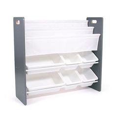 a gray and white shelf with six bins on it's sides, one for each tray