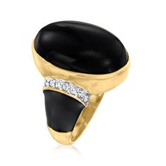 Ross-Simons - Black Onyx, .21ct t. w. Diamond Ring, Black Enamel Over Sterling. Size 8. An RS exclusive. Neutral and sophisticated, this ring casts a 20x13mm oval black onyx cabochon sided by .21 ct. t. w. round brilliant-cut diamonds in white rhodium. Band is coated in smooth black enamel. Crafted in 18kt yellow gold over sterling silver. 7/8" wide. Diamond and black onyx ring. Elegant Black Enamel Rings For Evening, Elegant Black Enamel Rings For Formal Events, Onyx Colour, Red Quartz, Blue Topaz Pendant, Boot Jewelry, Jade Earrings, Black Onyx Ring, Toddler Boy Shoes