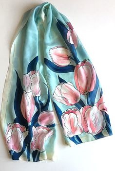 Blush Tulips Scarf hand painted, Baby blue silk scarf with Light Pink Tulips, Painted scarf, Pastel Spring scarf Luxury scarves Unique handmade scarf, Mothers day gift, Gift for mom, gift for her ♥ measurements are 17 x 70 in Pastel Floral scarf is painted on pure silk pongee 8 ♥MY SHOP: http://www.etsy.com/shop/klaradar?ref=seller_info ♥LUXURY SILK SCARVES & SHAWLS https://www.etsy.com/shop/klaradar?ref=hdr_shop_menu&section_id=18979710 ╙ Please note: Colors will vary slightly due to ca Blue Vintage Silk Scarf For Spring, Vintage Blue Silk Scarf For Spring, Artistic Blue Silk Scarf For Spring, Artistic Hand Painted Silk Scarf For Spring, Artistic Silk Scarf For Spring Gift, Handmade Silk Scarf For Spring, Artistic Hand Painted Scarves For Spring, Elegant Hand Painted Silk Scarf For Spring, Hand Painted Multicolor Scarves For Spring