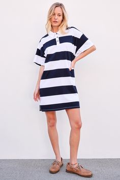 Sundry Rugby Stripe Polo Shirt Dress in Optic White-full body front Shirt Dress Women, Womens Rugby, Rugby Stripe, Polo Shirt Dress, Striped Polo Shirt, Jacket Brands, Rugby Shirt, White Shop, Button Placket