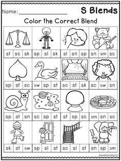 the worksheet for color the correct blends with pictures and words on it