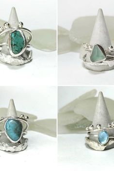 Ocean Fantasy Turquoise Trio Stackable Sterling Silver Ring Set/Silver Ring/Turquoise Ring Crown Earrings