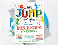 a birthday party card with the words let's jump and be happy on it