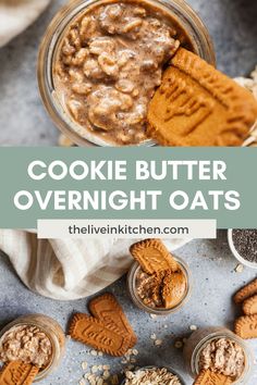 cookie butter overnight oats in glass jars with spoons and cookies on the side