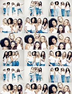 many different pictures of women posing together for a group photo shoot in denims and white shirts