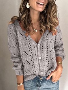 Women's Sweaters Solid Hollow V-Neck Button Knitted Sweater Crochet Cardigan Sweater, Winter Pullover, Comfortable Sweater, Vestidos Vintage, Lightweight Cardigan, Cardigan Fashion, Loose Sweater, Cute Sweaters, Fall Sweaters