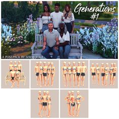 some people are sitting on a bench in front of flowers and bushes with the caption generations 4