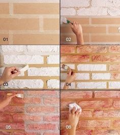 instructions to paint a brick wall with white paint on it, and then painting the bricks