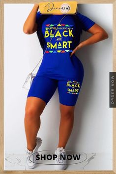 Casual Printed Top Shorts Sport Set Fitted Blue Bottoms With Letter Print, Blue Graphic Print Shorts, Fitted Casual Shorts With Letter Print, Casual Fitted Shorts With Graphic Print, Fitted Casual Shorts With Graphic Print, Sport Set, Unapologetically Black, Solid Color Pants, Ankle Length Dress