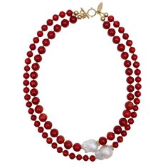 This handmade necklace is made of red corals with baroque pearls with Japan golden plated brass findings. It's beautiful and brilliant and can be matched with a midi dress, tube top, or knitwear from day to night for any occasion. Match it with Farra earrings to complete your look. Also, this is a very nice gift for birthdays, anniversaries or festivals. It will be contained in a nice jewelry box. Elegant Red Pearl Necklace With Gemstone Beads, Elegant Beaded Red Coral Pearl Necklace, Elegant Single Strand Red Pearl Necklace, Elegant Red Coral Beaded Pearl Necklace, Handmade Elegant Red Coral Pearl Necklace, Elegant Red Coral Beaded Necklace, Elegant Red Single Strand Pearl Necklace, Elegant Double Strand Coral Necklace, Pearl Birthstone