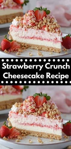 strawberry crunch cheesecake recipe on a plate with strawberries