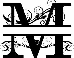 the letter m and w are decorated with swirly vines, leaves and scrolls on white background